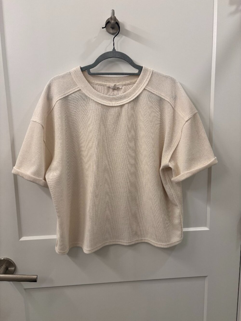 Blu Pepper Cream Ribbed Knit Short Sleeve Crew Neck Top Size Medium